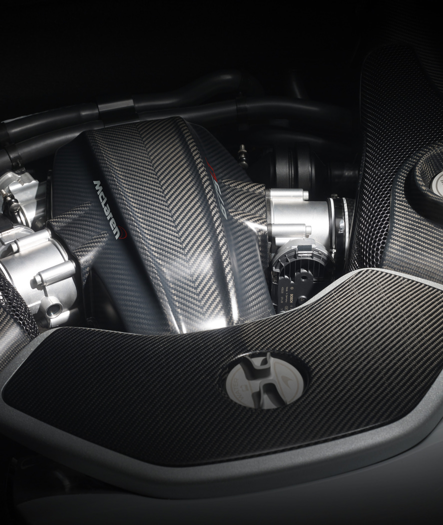 Close up detail of the McLaren 675LT's carbon fiber engine.