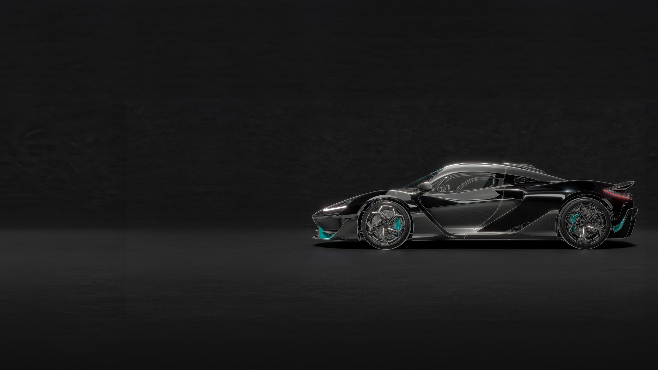  A dark, stylized side profile of a sleek black McLaren supercar with bright blue accents on the wheels and lower body, against a textured black background.