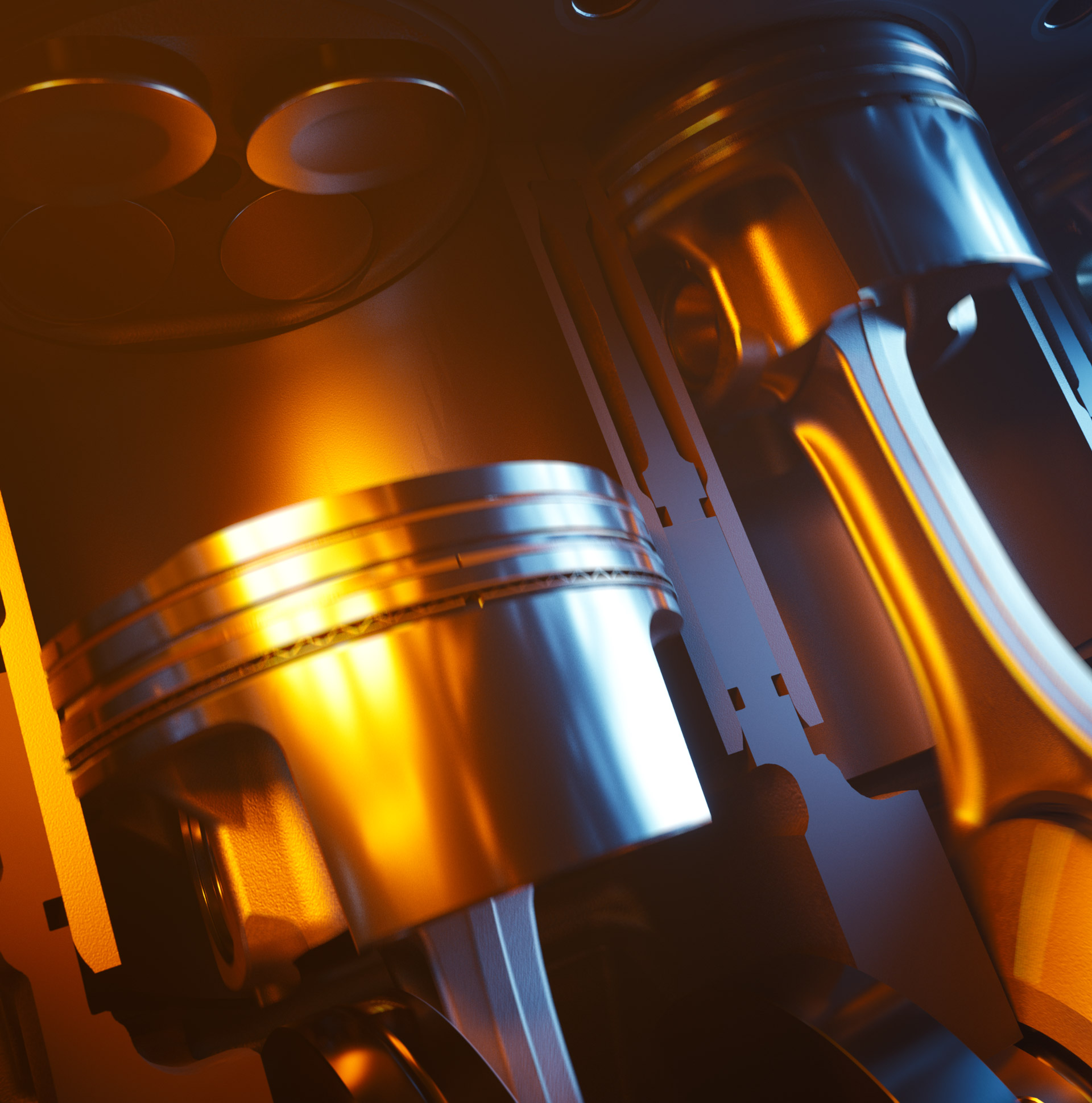 A close-up digital rendering of a McLaren's V8 engine cylinder, showcasing the pistons and valves with a vibrant orange glow, highlighting the precision engineering of the internal components.