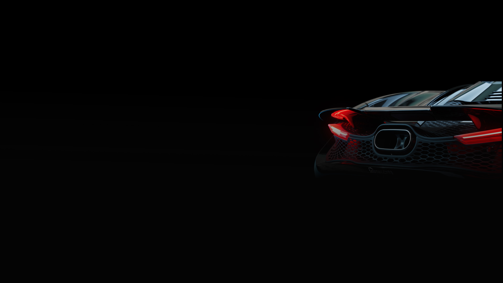 A close-up studio shot of a McLaren's rear, focusing on the single, large exhaust outlet and the glowing red brake lights against a dark background.