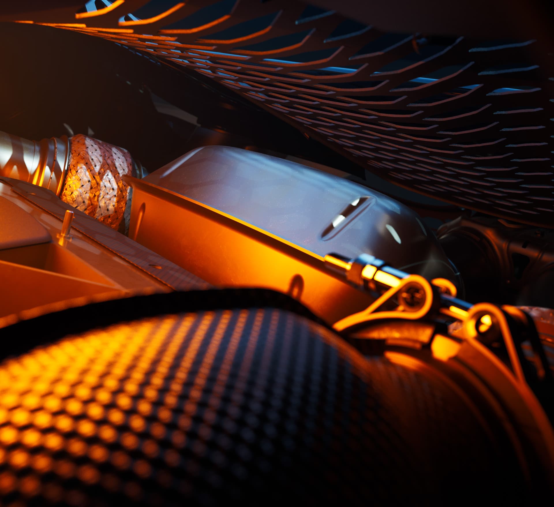 A close-up, artistic shot of a McLaren's engine bay, highlighting intricate internal components, carbon fiber textures, and a metallic heat shield glowing with warm orange light.