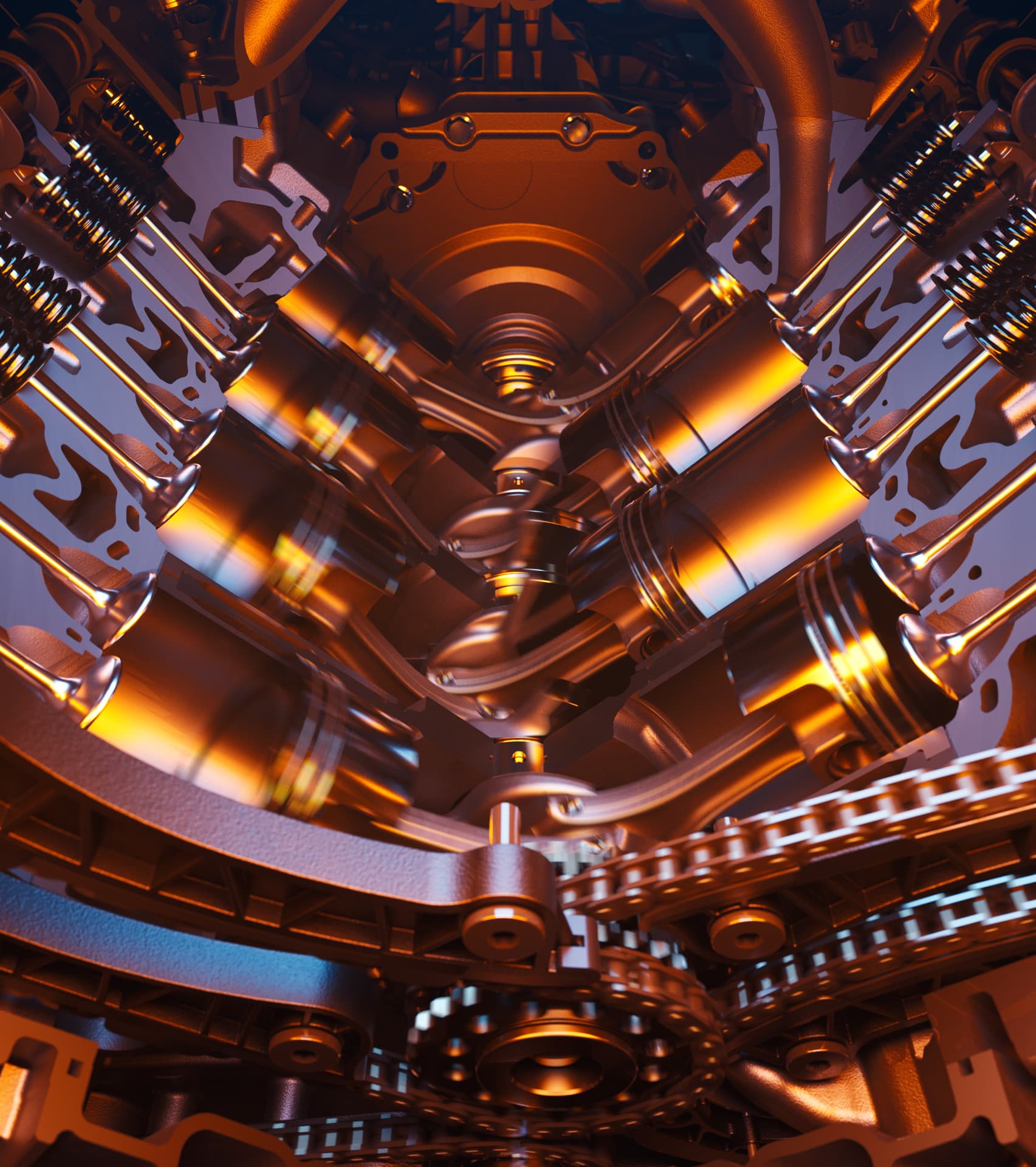 A detailed digital rendering of a McLaren's V8 engine block, showcasing the moving pistons, crankshaft, and timing chain in a stylized view with a warm orange glow.