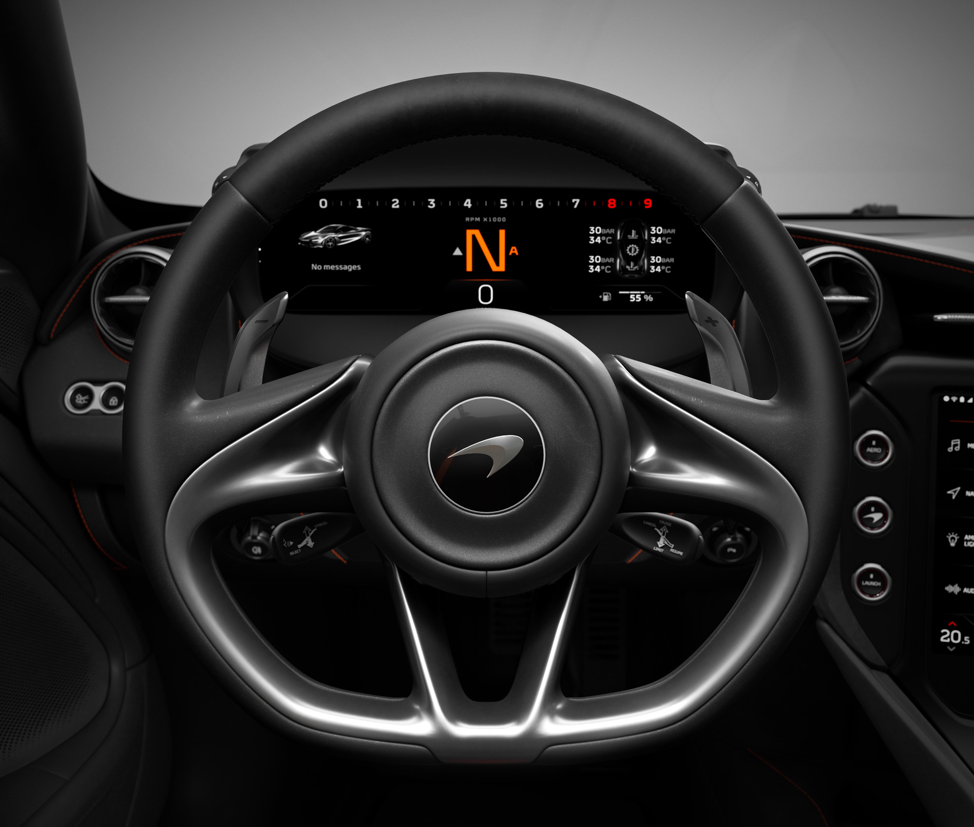 Close up on McLaren 750S Spider steering wheel.