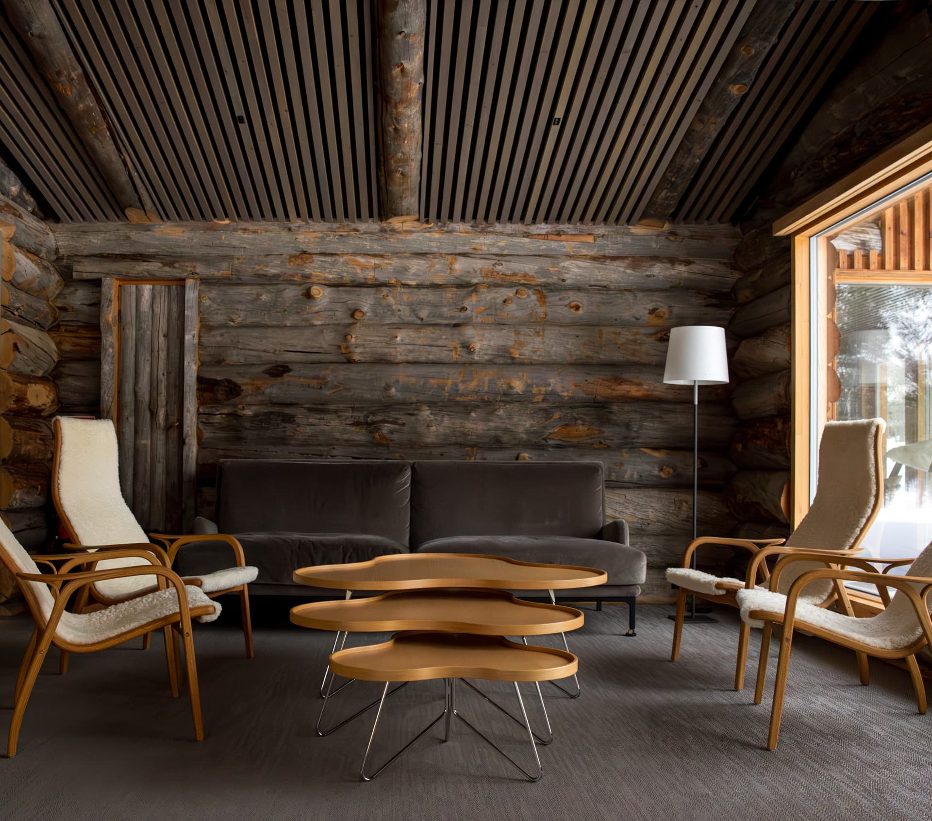 A comfortable lounge area inside Javri Lodge, showcasing the blend of rustic wood walls and contemporary furniture.