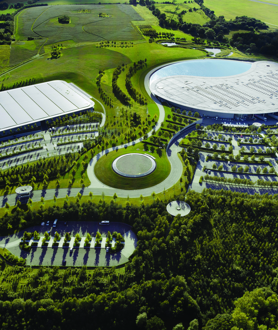 Scenic aerial view of the McLaren Technology Centre.