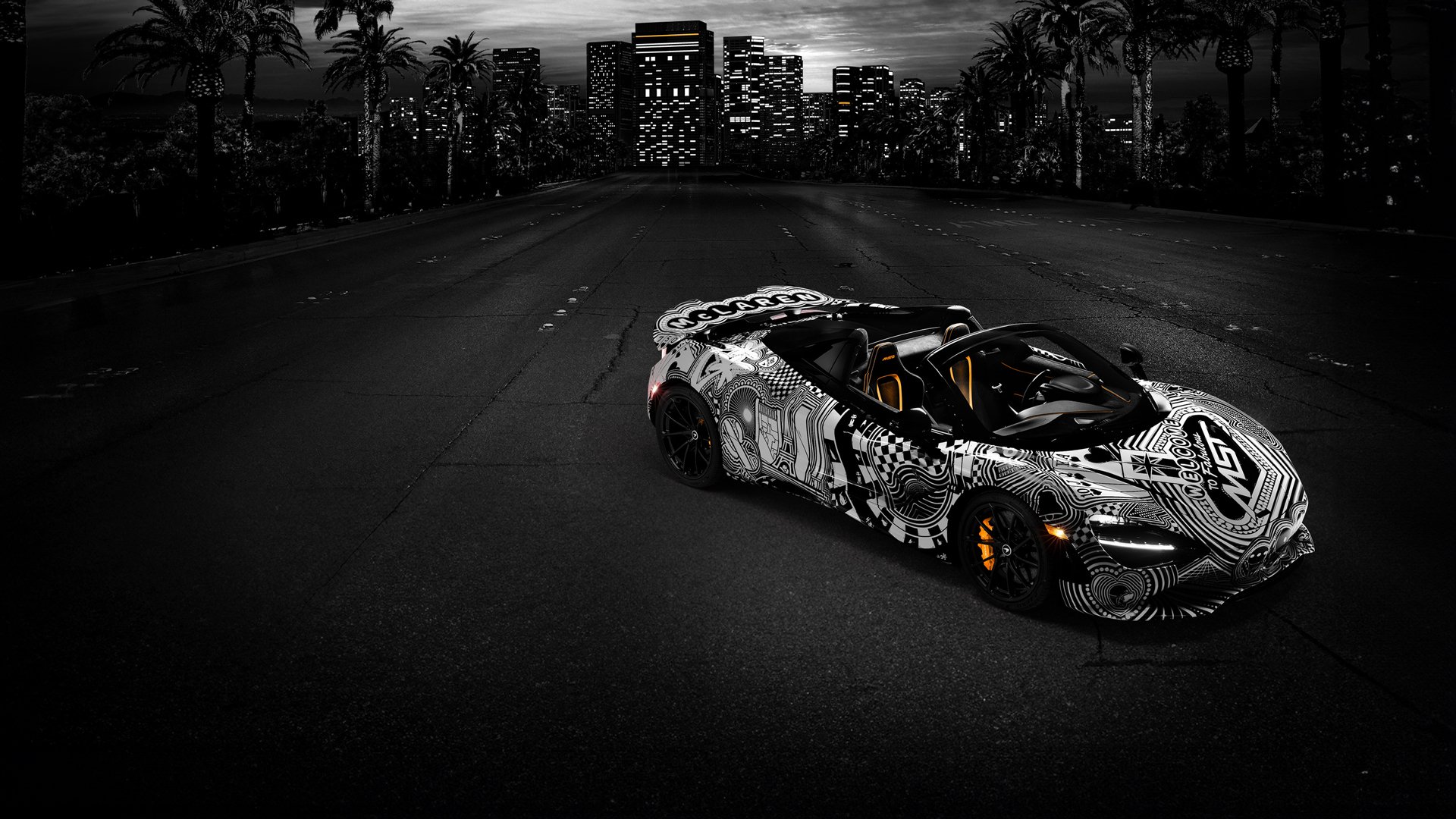 Full view of the McLaren 750S Spider 'Project Viva' by MSO, featuring a hand-painted monochrome livery inspired by Las Vegas and set against a dark city skyline, showcasing a one-of-one bespoke supercar.